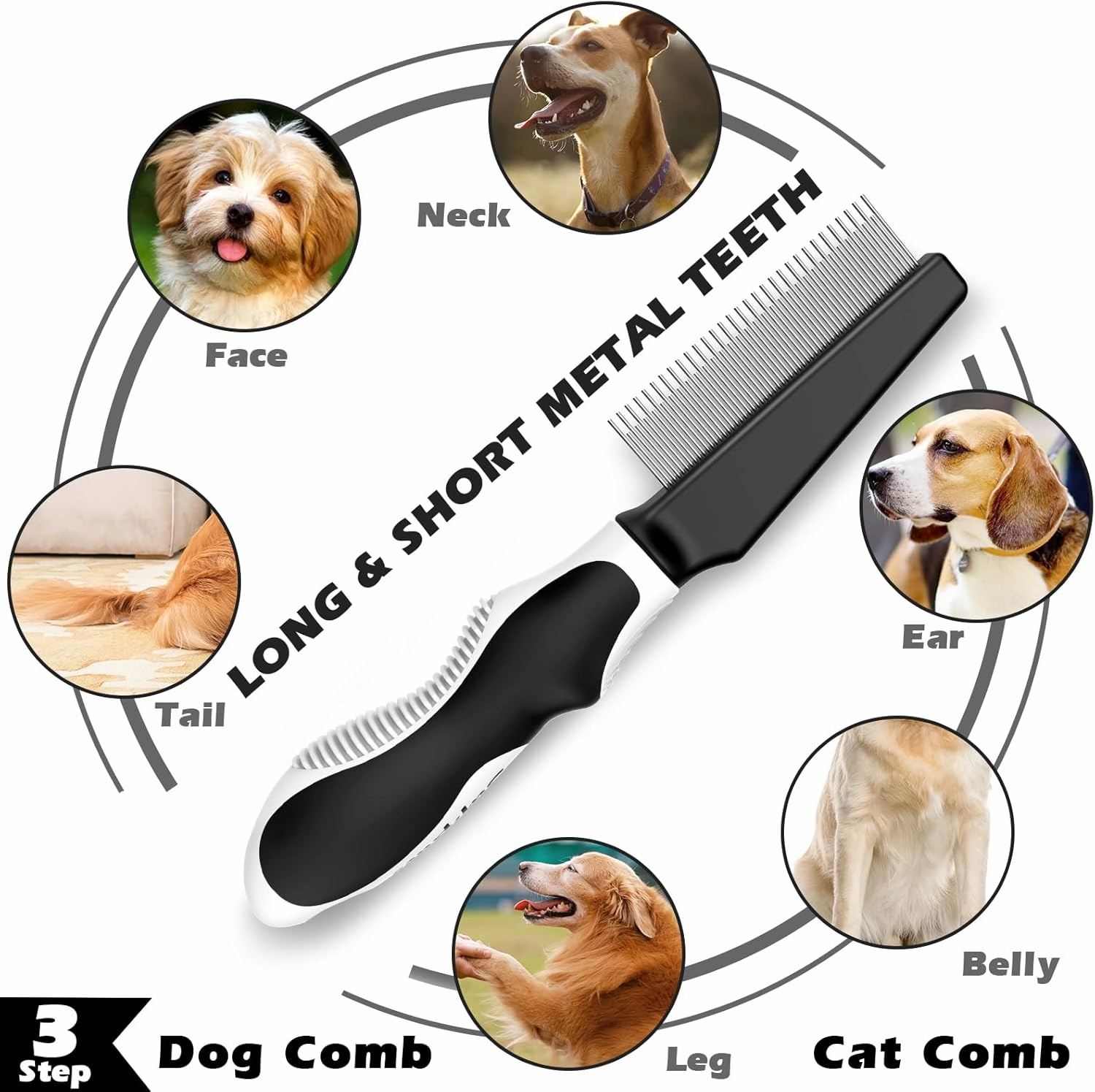 6 in 1 Pet Grooming Kit - Dog&Cat Comb, Deshedding Brush, Nail Clipper with File, Bath Brush - Premium Pet Supplies (Black White)