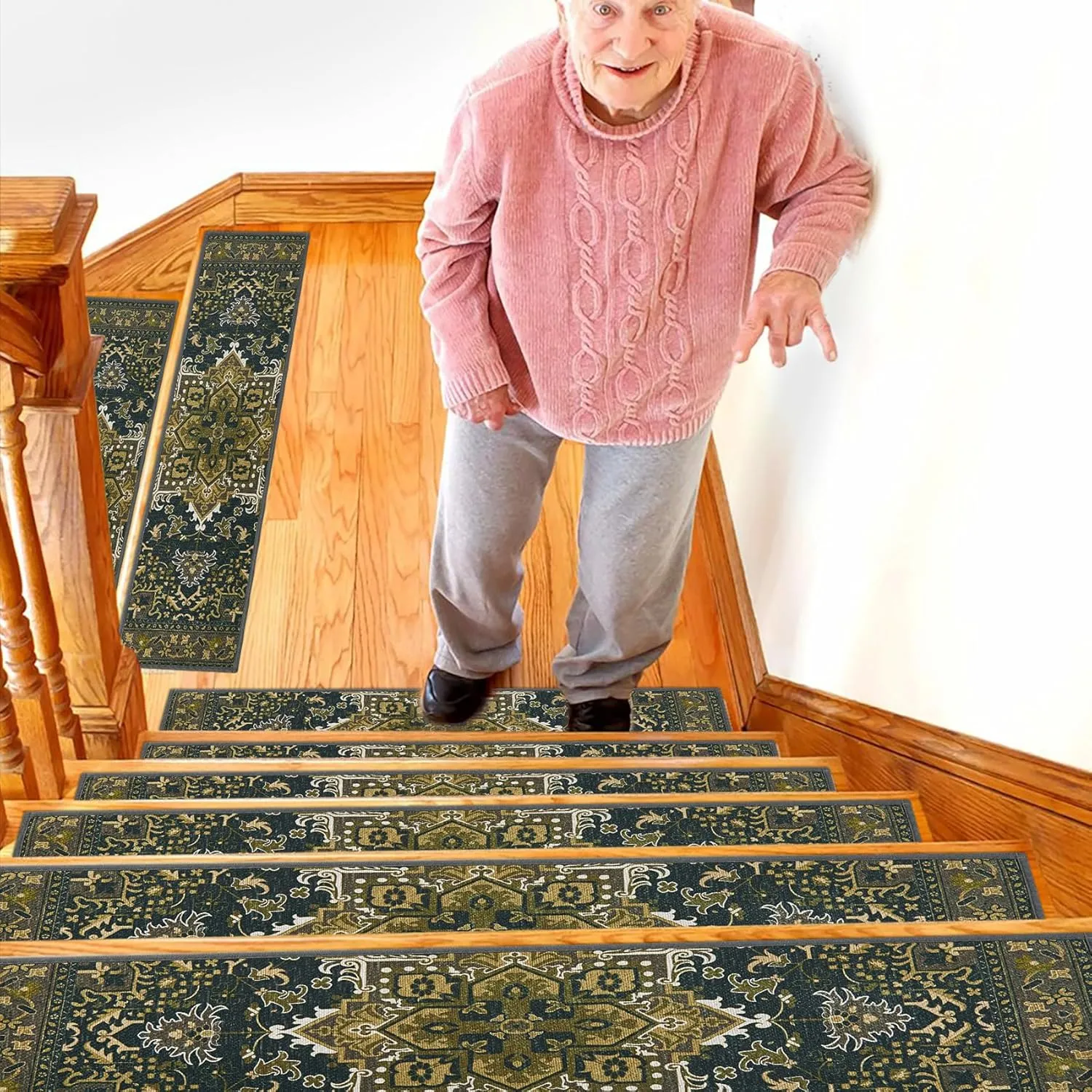 7 Pack 8" X 30" Non Slip Stair Treads with Reusable Adhesive for Kids, Elders and Dogs, TPR Backing Stair Rugs, Bohemia