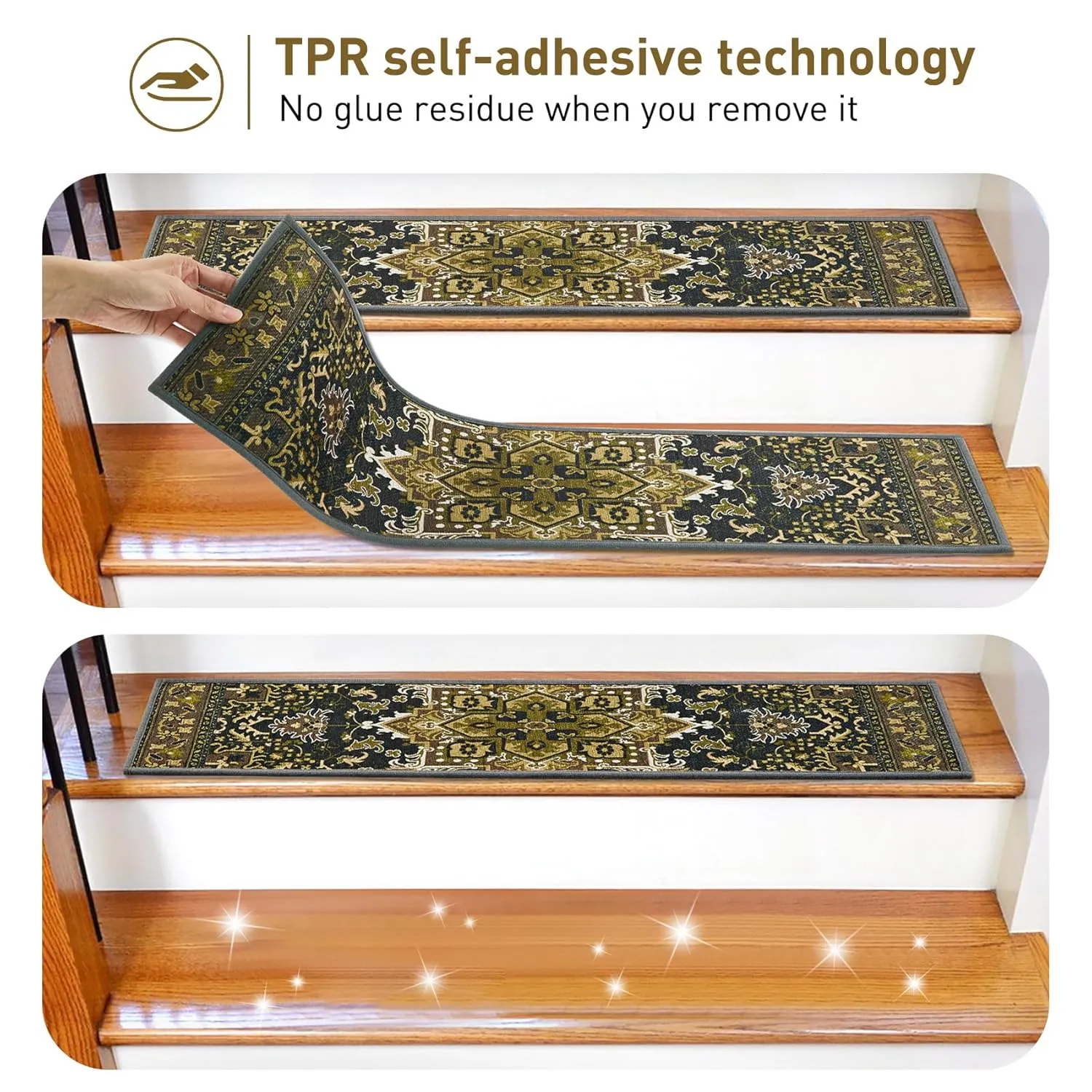 7 Pack 8" X 30" Non Slip Stair Treads with Reusable Adhesive for Kids, Elders and Dogs, TPR Backing Stair Rugs, Bohemia