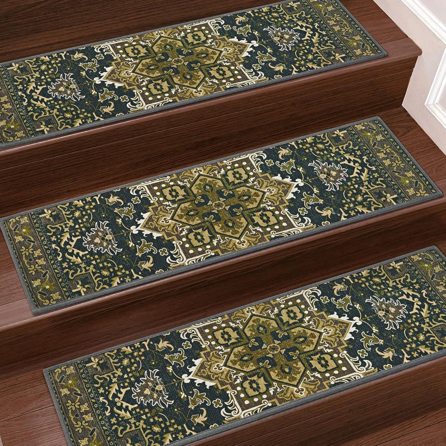 7 Pack 8" X 30" Non Slip Stair Treads with Reusable Adhesive for Kids, Elders and Dogs, TPR Backing Stair Rugs, Bohemia