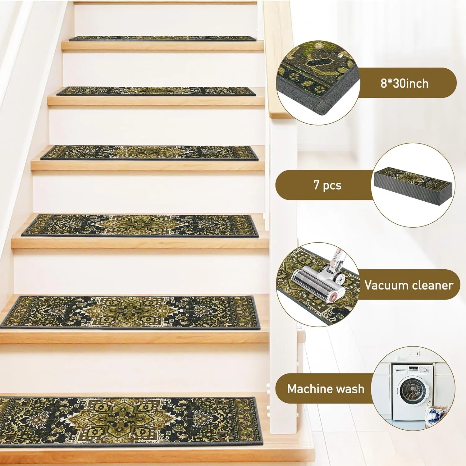 7 Pack 8" X 30" Non Slip Stair Treads with Reusable Adhesive for Kids, Elders and Dogs, TPR Backing Stair Rugs, Bohemia