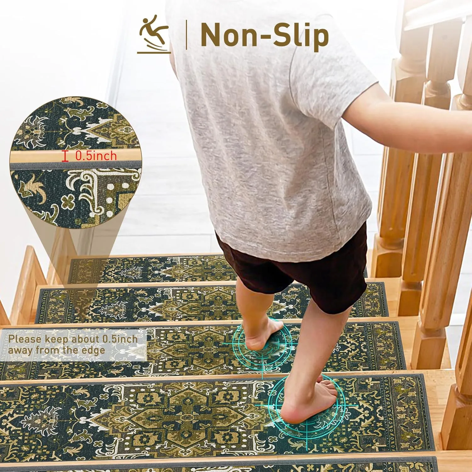 7 Pack 8" X 30" Non Slip Stair Treads with Reusable Adhesive for Kids, Elders and Dogs, TPR Backing Stair Rugs, Bohemia