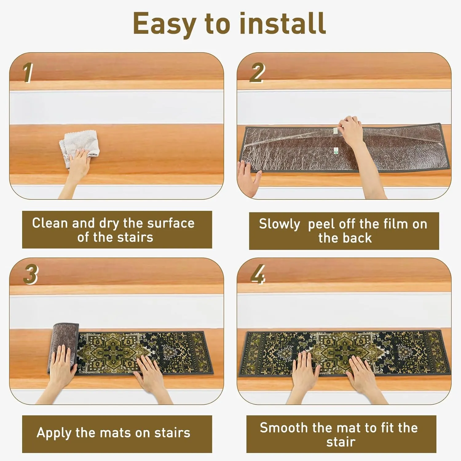 7 Pack 8" X 30" Non Slip Stair Treads with Reusable Adhesive for Kids, Elders and Dogs, TPR Backing Stair Rugs, Bohemia