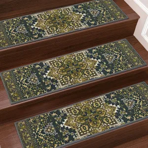 7 Pack 8" X 30" Non Slip Stair Treads with Reusable Adhesive for Kids, Elders and Dogs, TPR Backing Stair Rugs, Bohemia