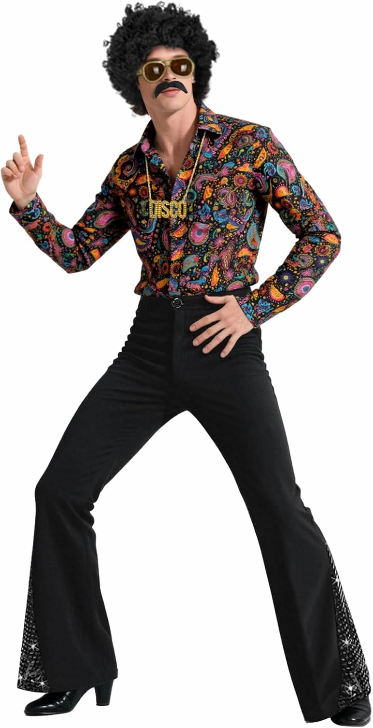 70s Outfits for Men 6 Pcs Disco Outfit Retro Costume with Bell Bottom Pants