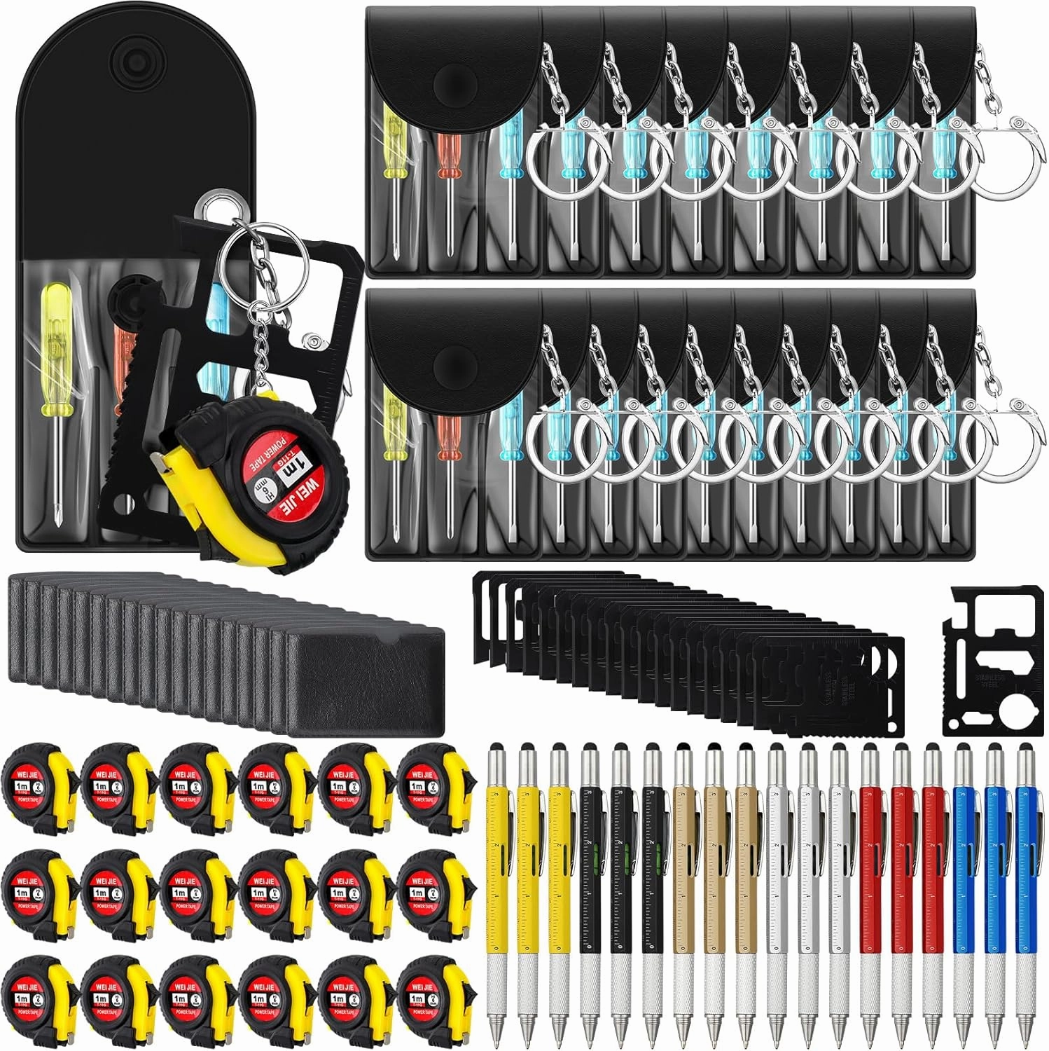 72 Pcs Mini Tape Screwdriver Keychain Set Fathers Gifts Employee Coworkers Men Gifts Bulk Adult Party Favors Measuring Keychains Multitool Pen Card Tool for Men Dad (Multicolor)