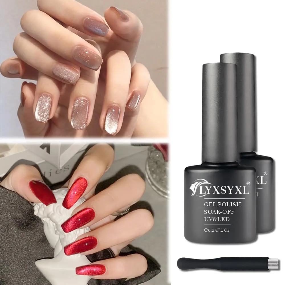 7ml Crystal Cat Eye Gel Nail Polish Magnetic Nail Polish Set Bright Silver UV Gel Polish Shiny Diamond Glitter Gel with Magnet Stick (2PCS-Beige Dark Ruby Red)
