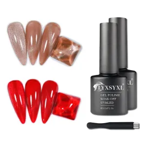 7ml Crystal Cat Eye Gel Nail Polish Magnetic Nail Polish Set Bright Silver UV Gel Polish Shiny Diamond Glitter Gel with Magnet Stick (2PCS-Beige Dark Ruby Red)