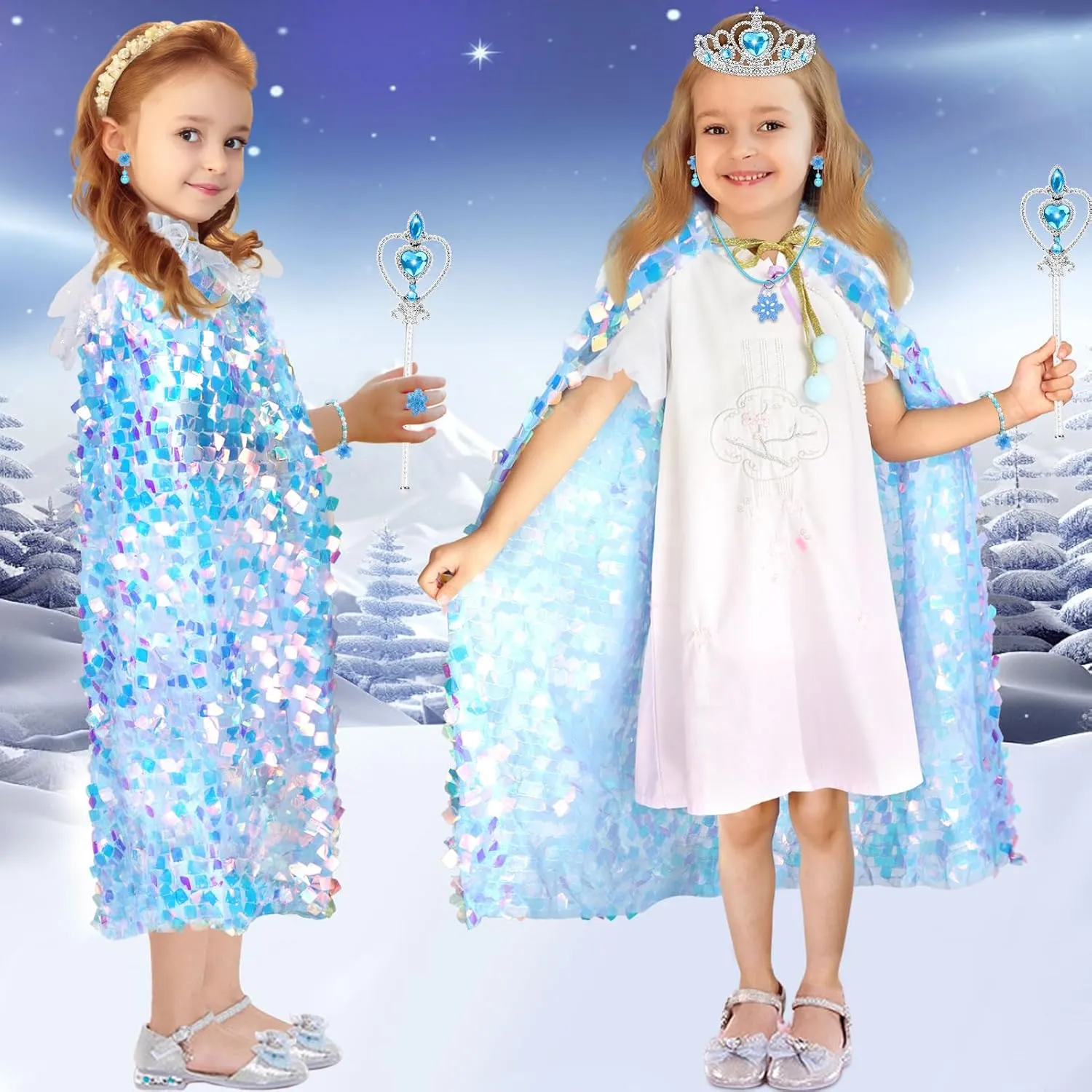 8 Pcs Snow Princess Dress Up for Girls 4-6, Toddler Toys for Ages 3-8, Shiny Ice Sequin Princess Cape Set Girl Toys for Easter Halloween Birthday Christmas Gifts Party Favors