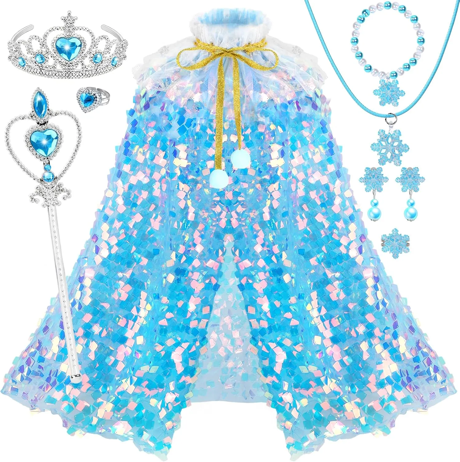 8 Pcs Snow Princess Dress Up for Girls 4-6, Toddler Toys for Ages 3-8, Shiny Ice Sequin Princess Cape Set Girl Toys for Easter Halloween Birthday Christmas Gifts Party Favors