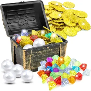 80 Pcs Diving Gems Pool Toys for Kids, Pirate Treasure Chest Box with 35 Colorful Gemstones,40 Pirate Gold Coins,4 Big Pearls,Swim Water Dive Training Toys Pool Game Toys for Kids Ages 4-12