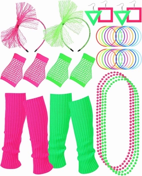 80s Accessories for Women, 14 Pcs 80s Neon Lace Headband Earrings Fishnet Gloves Necklace Leg Warmers Silicone Bracelet for Mardi Gras 1980s Theme Retro Party
