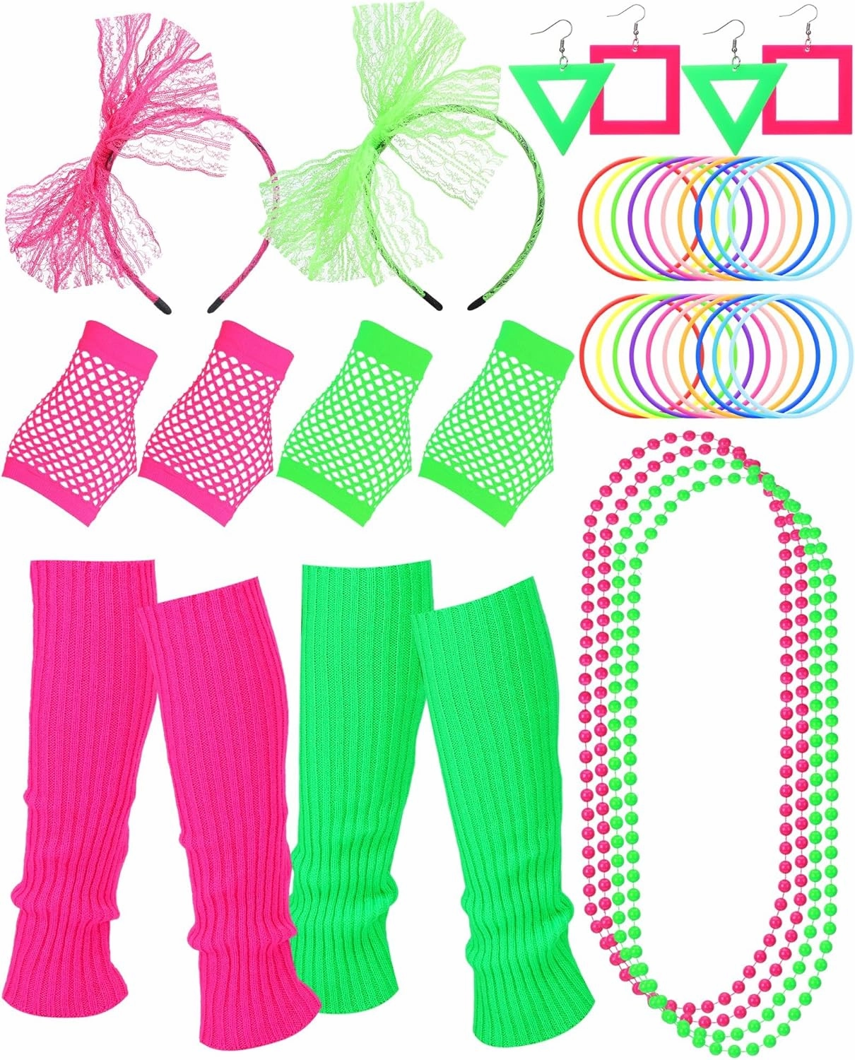 80s Accessories for Women, 14 Pcs 80s Neon Lace Headband Earrings Fishnet Gloves Necklace Leg Warmers Silicone Bracelet for Mardi Gras 1980s Theme Retro Party