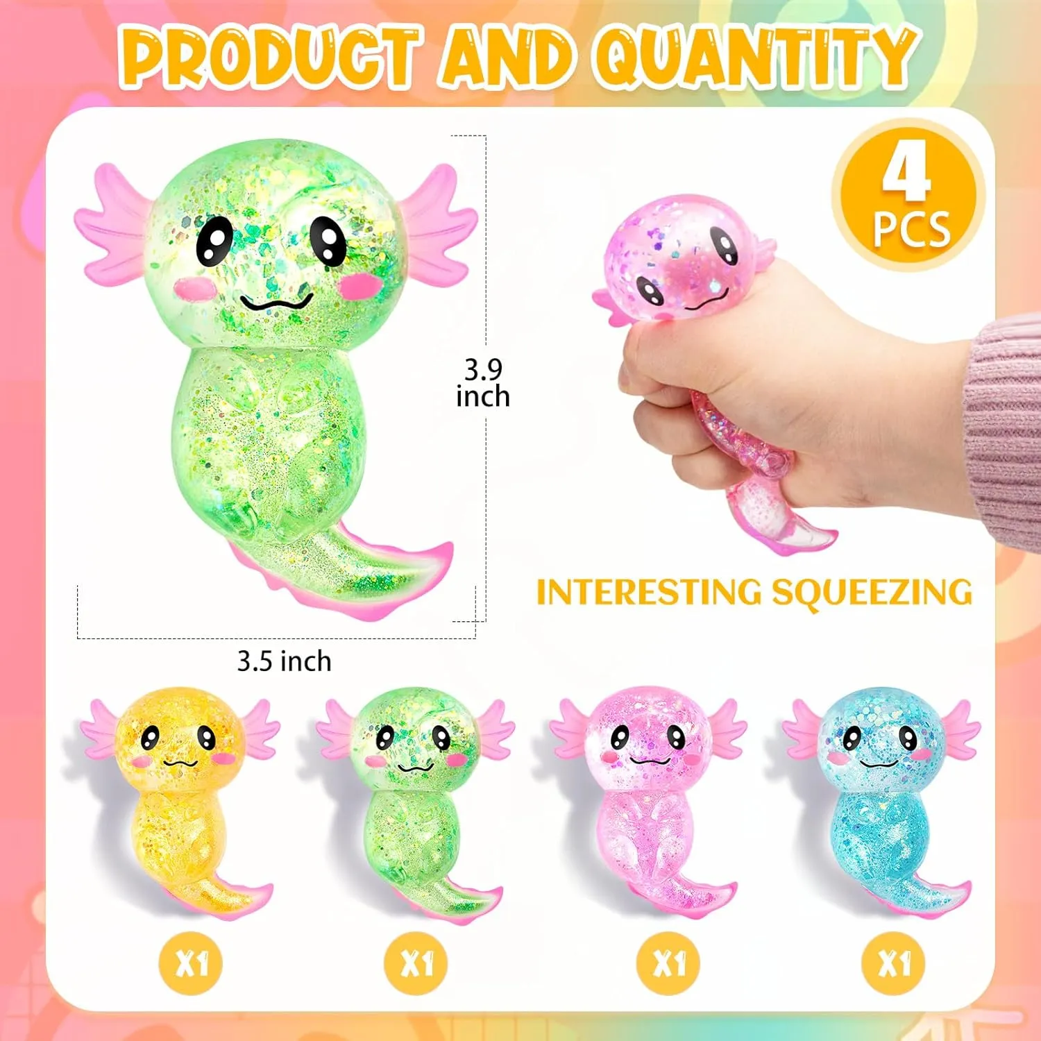 8PCS Glitter Stress Relief Axolotl Toy Cute Malt Sugar Filled Sensory Fidget Toy for Kids Adults Soothing Birthday Party Favors Gift (4 Colors)