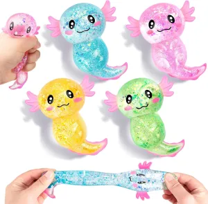 8PCS Glitter Stress Relief Axolotl Toy Cute Malt Sugar Filled Sensory Fidget Toy for Kids Adults Soothing Birthday Party Favors Gift (4 Colors)
