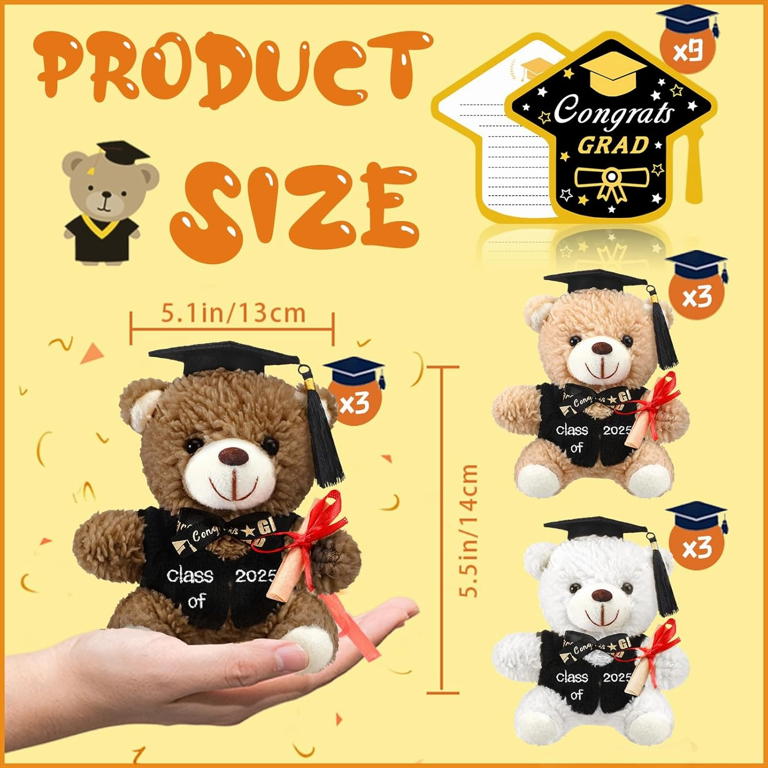 9 Pack 5.5Inch Graduation Bear Plush Gift, Graduation Bear Stuffed Animal Bear with Grad Cap and Congrats Cards, Class of 2025 Kindergarten High School College Party Favors (Gentle)