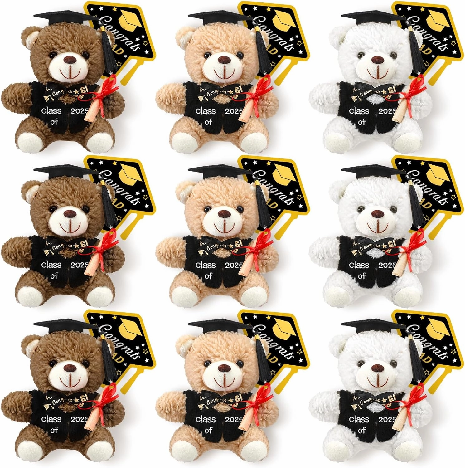 9 Pack 5.5Inch Graduation Bear Plush Gift, Graduation Bear Stuffed Animal Bear with Grad Cap and Congrats Cards, Class of 2025 Kindergarten High School College Party Favors (Gentle)