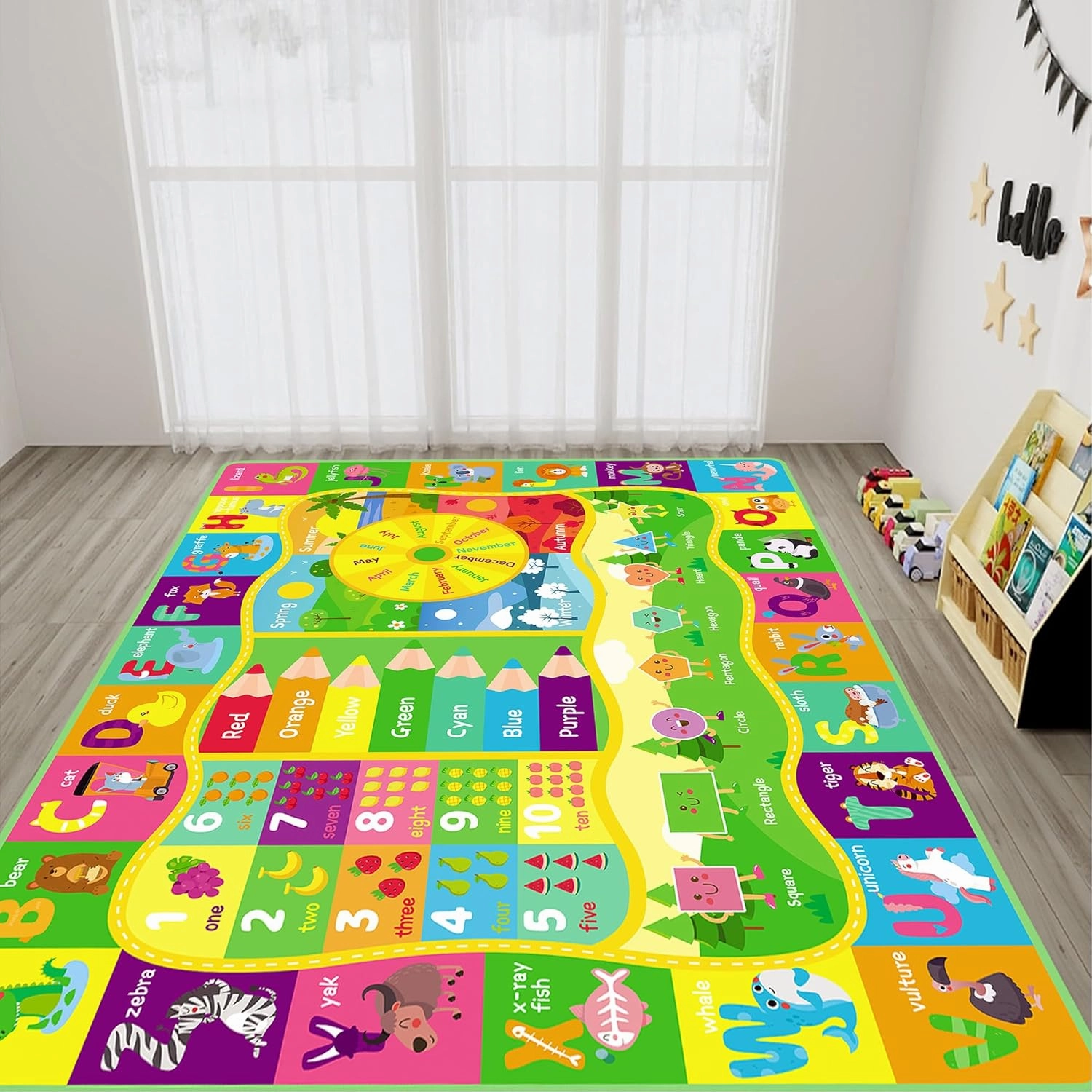 ABC Kids Rug, Cute Educational Kids Rug for Playroom, Non Slip Classroom Carpet for Learning ABC Animal, Number, Month, Shape and Color, Playmat for Nursery Baby (Yellow, 5 x 6.6 feet)