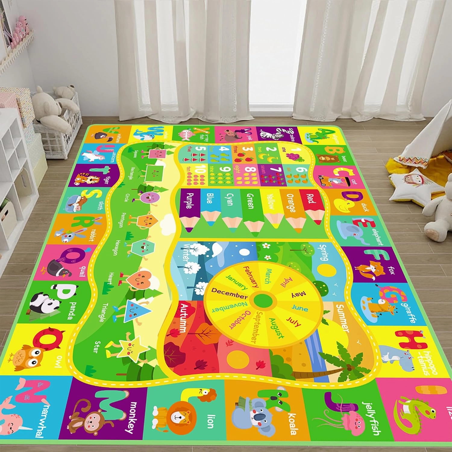 ABC Kids Rug, Cute Educational Kids Rug for Playroom, Non Slip Classroom Carpet for Learning ABC Animal, Number, Month, Shape and Color, Playmat for Nursery Baby (Yellow, 5 x 6.6 feet)