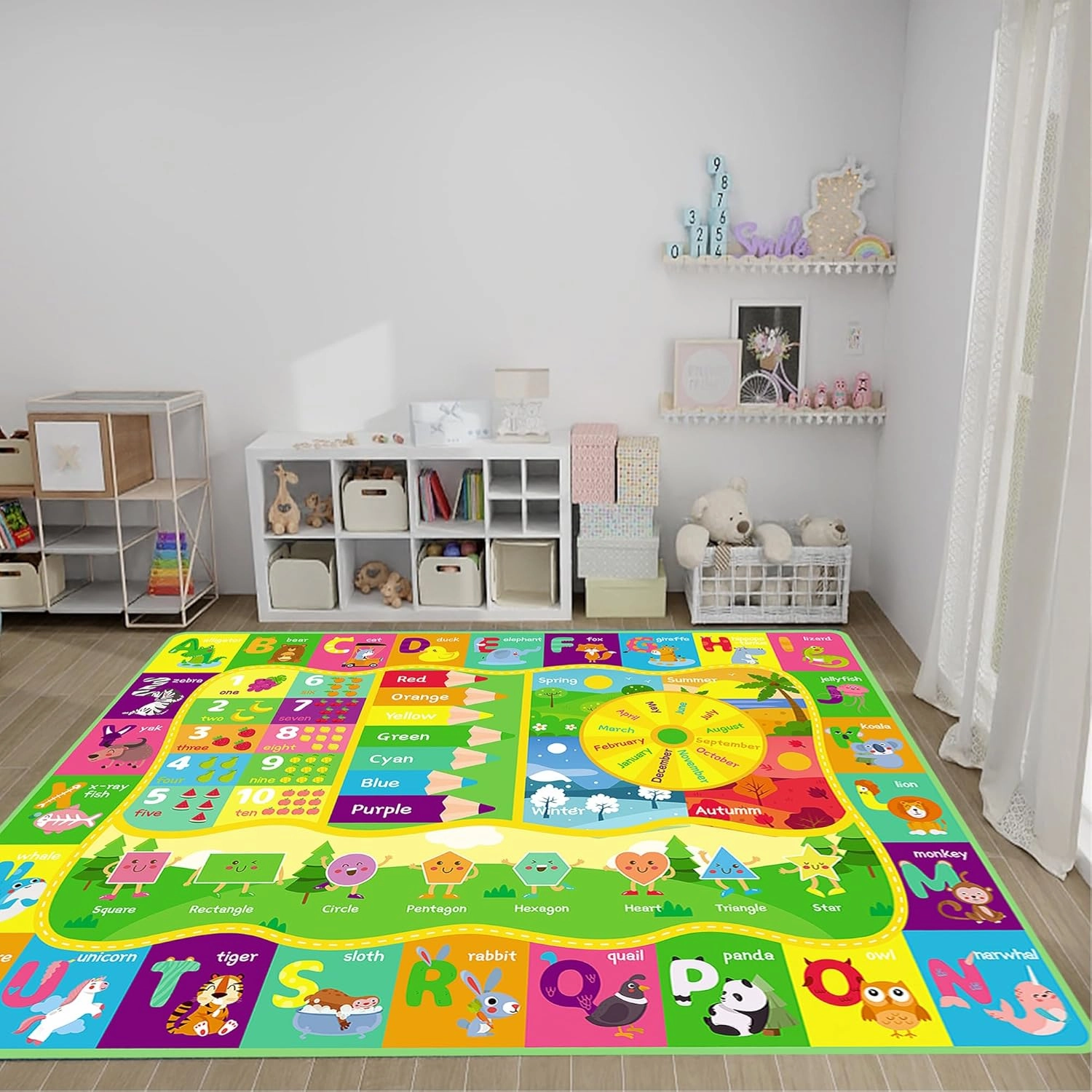 ABC Kids Rug, Cute Educational Kids Rug for Playroom, Non Slip Classroom Carpet for Learning ABC Animal, Number, Month, Shape and Color, Playmat for Nursery Baby (Yellow, 5 x 6.6 feet)