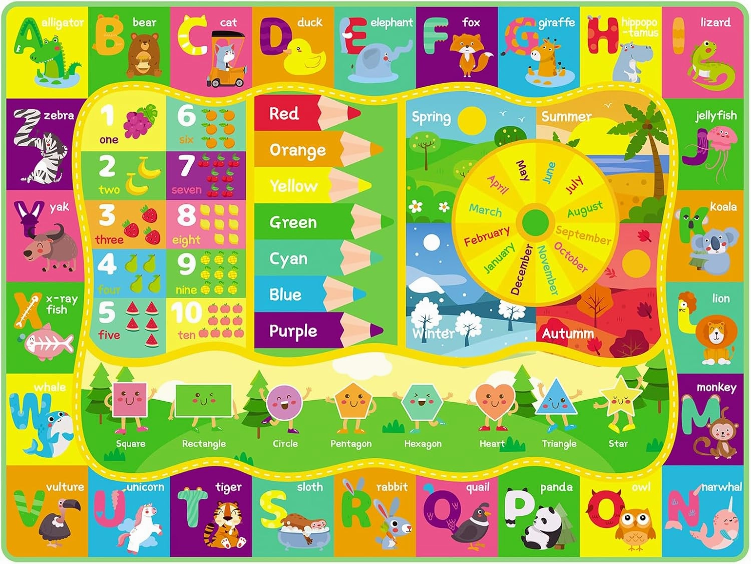 ABC Kids Rug, Cute Educational Kids Rug for Playroom, Non Slip Classroom Carpet for Learning ABC Animal, Number, Month, Shape and Color, Playmat for Nursery Baby (Yellow, 5 x 6.6 feet)