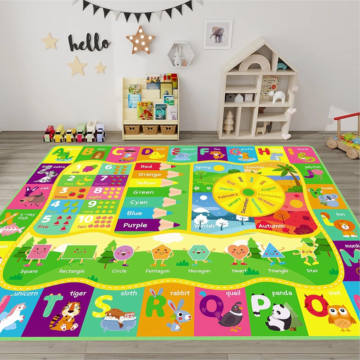 ABC Kids Rug, Cute Educational Kids Rug for Playroom, Non Slip Classroom Carpet for Learning ABC Animal, Number, Month, Shape and Color, Playmat for Nursery Baby (Yellow, 5 x 6.6 feet)