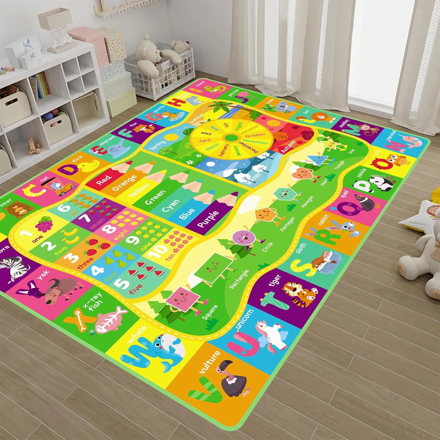 ABC Kids Rug, Cute Educational Kids Rug for Playroom, Non Slip Classroom Carpet for Learning ABC Animal, Number, Month, Shape and Color, Playmat for Nursery Baby (Yellow, 5 x 6.6 feet)