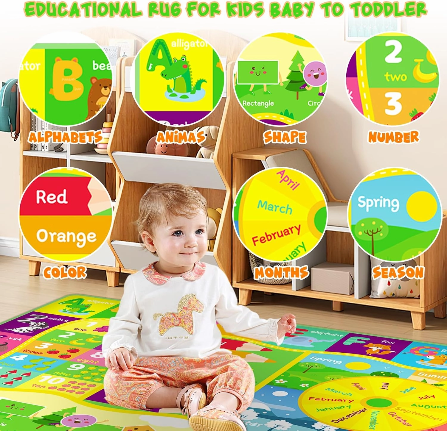ABC Kids Rug, Cute Educational Kids Rug for Playroom, Non Slip Classroom Carpet for Learning ABC Animal, Number, Month, Shape and Color, Playmat for Nursery Baby (Yellow, 5 x 6.6 feet)