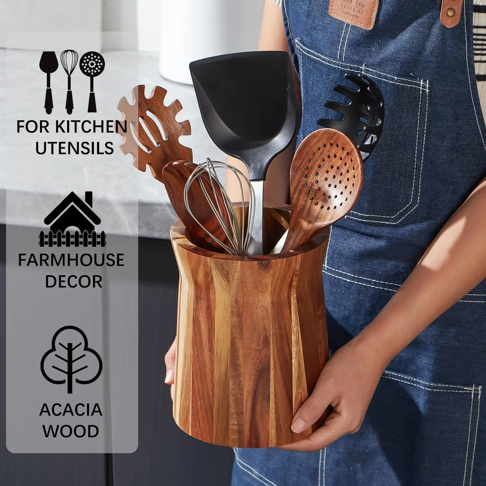 Acacia Wooden Utensil Holder for Countertop, 360° Rotating Kitchen Utensil Holder, 7.2"X 6" Large