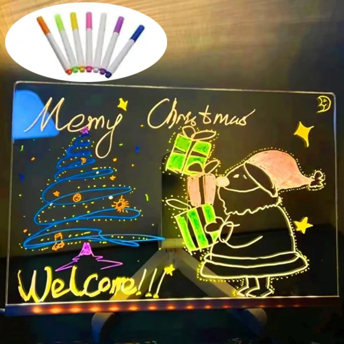 Acrylic Dry Erase Board with Light, LED Note Board with Colors, LED Acrylic Message Board, LED Drawing Board for Kids, Light Up Dry Erase Board with Stand and 7 Color Pen (15 * 15cm)