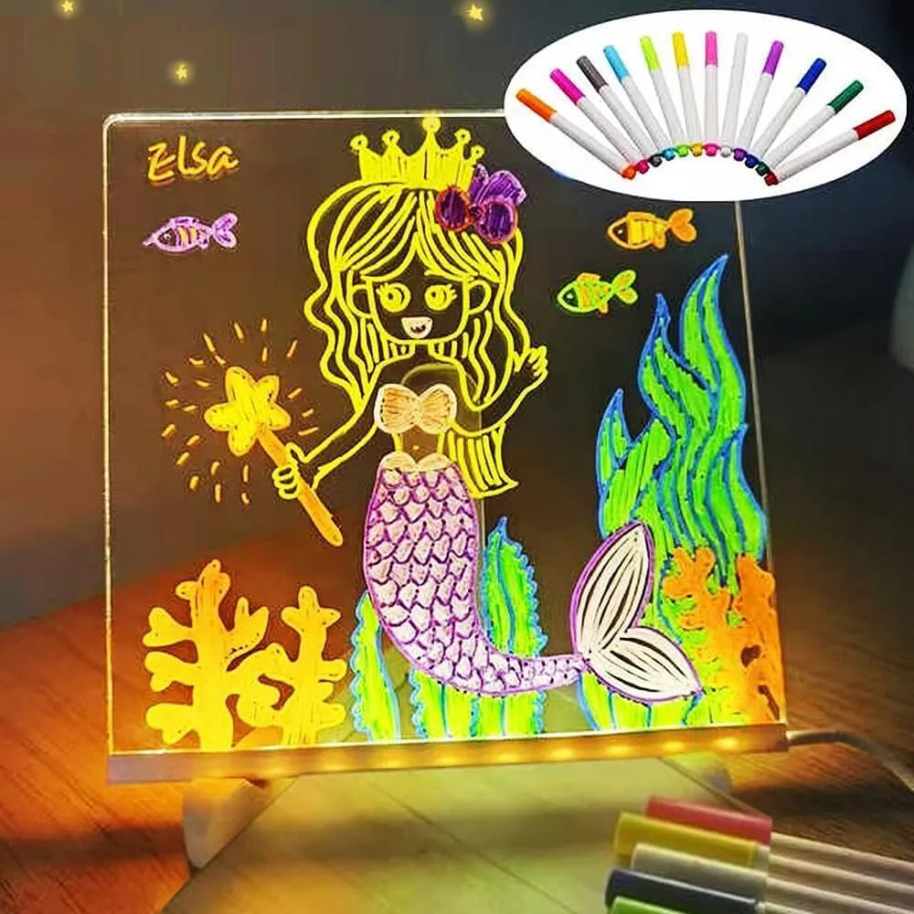 Acrylic Dry Erase Board with Light, LED Note Board with Colors, LED Acrylic Message Board, LED Drawing Board for Kids, Light Up Dry Erase Board with Stand and 7 Color Pen (15 * 15cm)