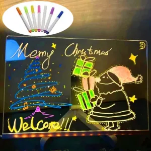 Acrylic Dry Erase Board with Light, LED Note Board with Colors, LED Acrylic Message Board, LED Drawing Board for Kids, Light Up Dry Erase Board with Stand and 7 Color Pen (15 * 15cm)
