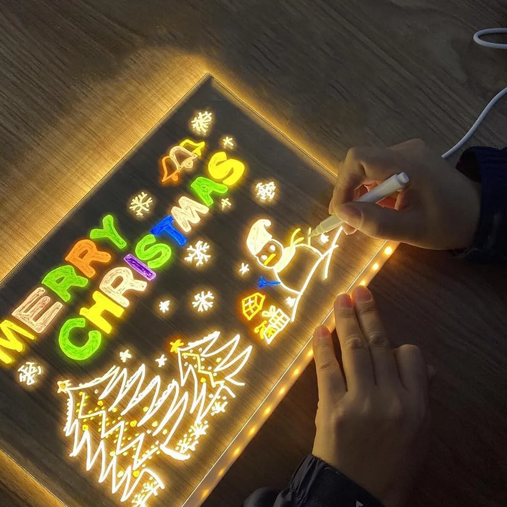 Acrylic Dry Erase Board with Light, LED Note Board with Colors, LED Acrylic Message Board, LED Drawing Board for Kids, Light Up Dry Erase Board with Stand and 7 Color Pen (15 * 15cm)