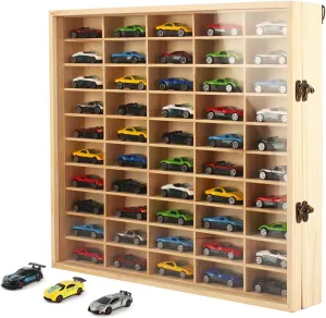 Acrylic Model Car Display Case Wall Mount 1/64 Cars Box Solid Wood Display Store Up to 50 Mini Cars or Figurine (Wooden Color)