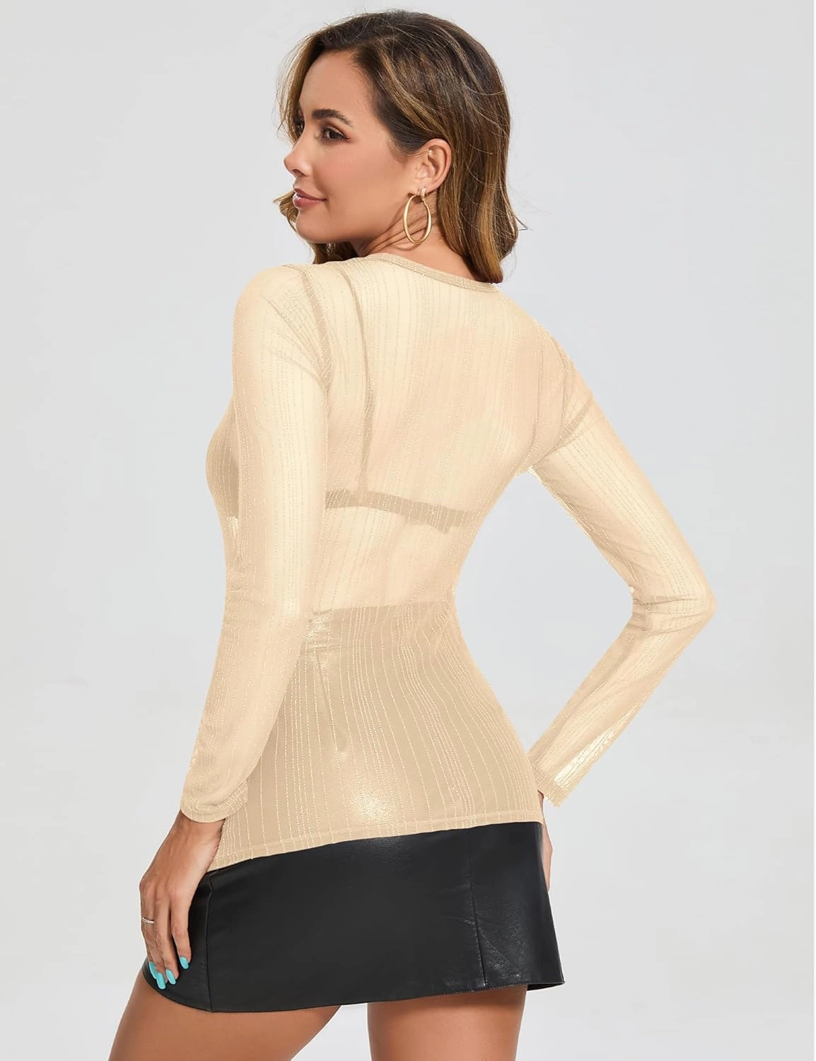 AKEWEI Womens Mesh Long Sleeve Tops Crew Neck Sexy See Through Tee Shirts Party Club Night Lace Blouse
