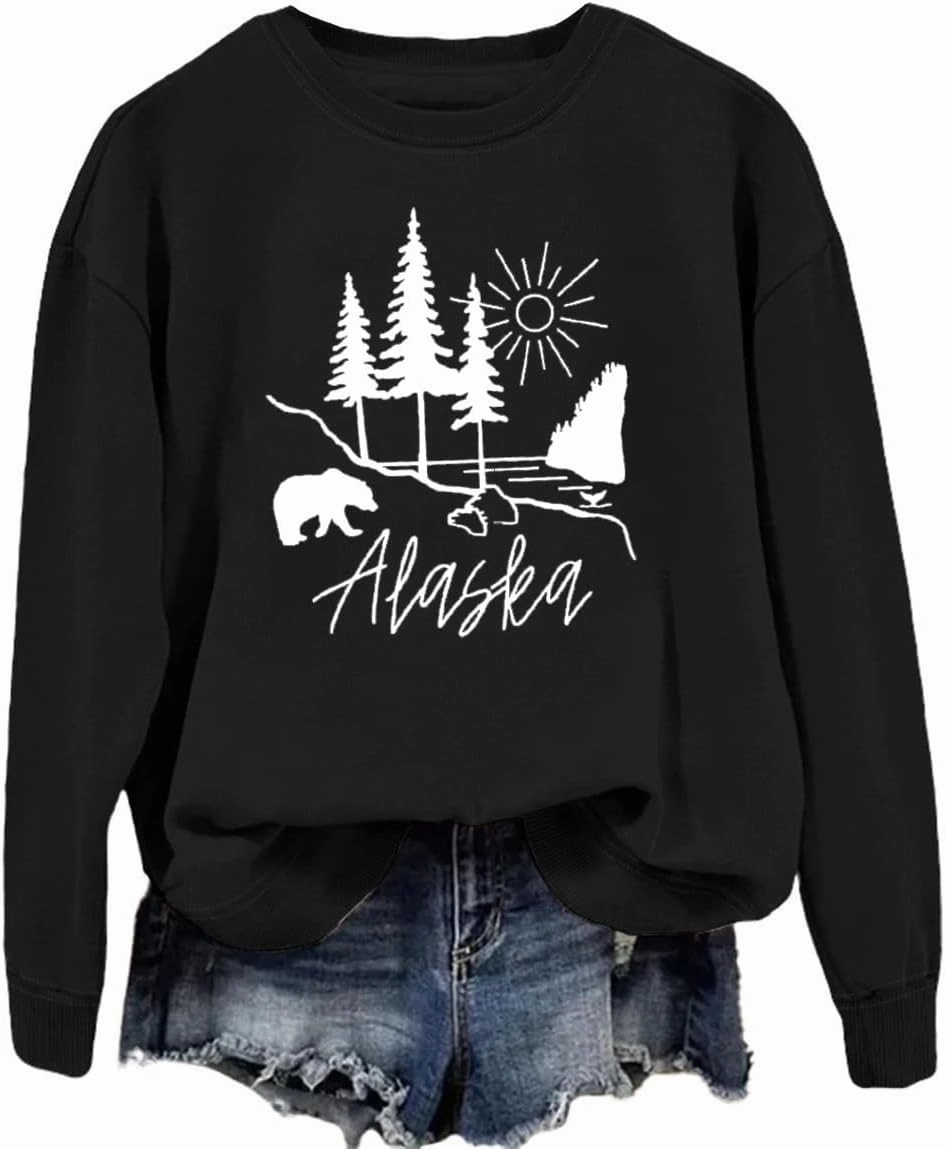 Alaska Sweatshirt Bear Lake Mountains Graphic Shirts Camping Hiking Sweater Women Casual Nature Lover Pullover Tops