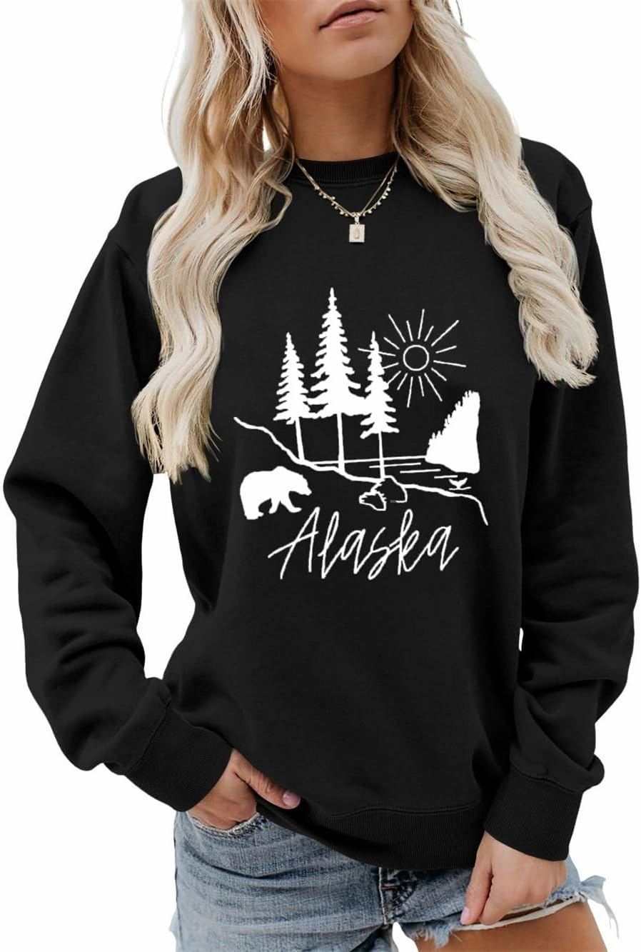 Alaska Sweatshirt Bear Lake Mountains Graphic Shirts Camping Hiking Sweater Women Casual Nature Lover Pullover Tops