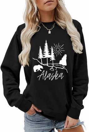 Alaska Sweatshirt Bear Lake Mountains Graphic Shirts Camping Hiking Sweater Women Casual Nature Lover Pullover Tops