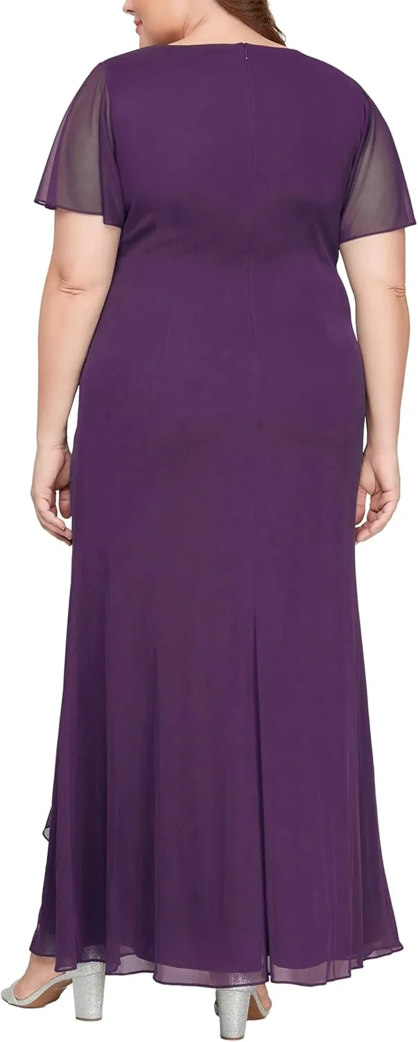 Alex Evenings Women's Long Surplice Neckline Mother of The Bride Flutter Sleeve Dress (Plus Size)