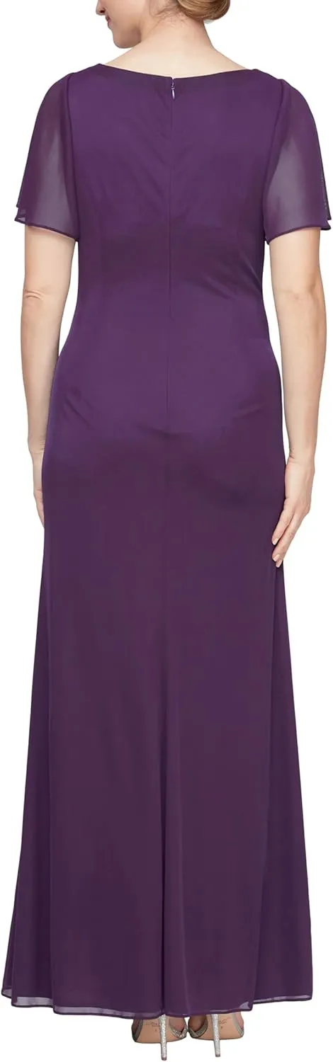 Alex Evenings Women's Long Surplice Neckline Mother of The Bride Flutter Sleeve Dress (Plus Size)