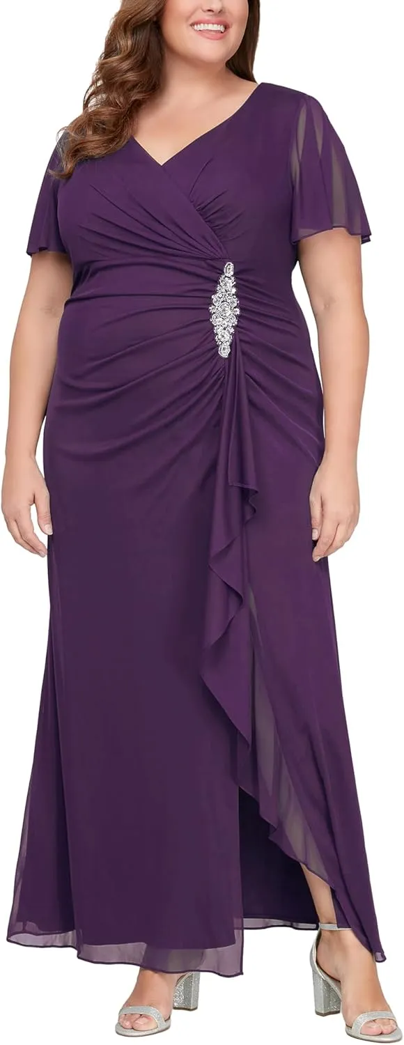 Alex Evenings Women's Long Surplice Neckline Mother of The Bride Flutter Sleeve Dress (Plus Size)