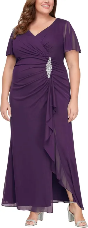 Alex Evenings Women's Long Surplice Neckline Mother of The Bride Flutter Sleeve Dress (Plus Size)