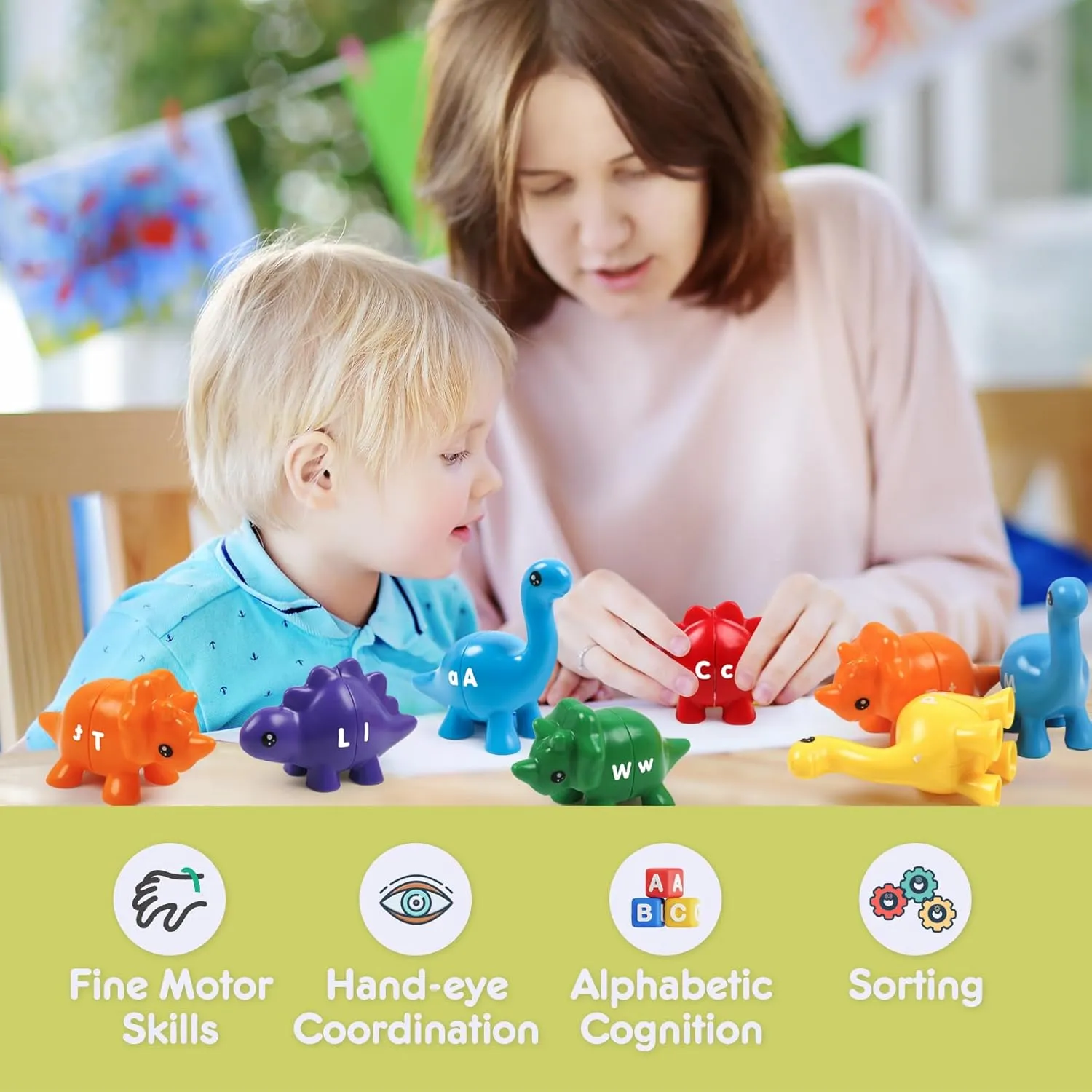 Alphabet Dinosaurs Matching Letters Toy, 26 PCS Double-Sided ABC Dinosaur with Uppercase Lowercase, Match and Snap Fine Motor Game Preschool Learning Toys Gifts for Kids Back to School Goodies