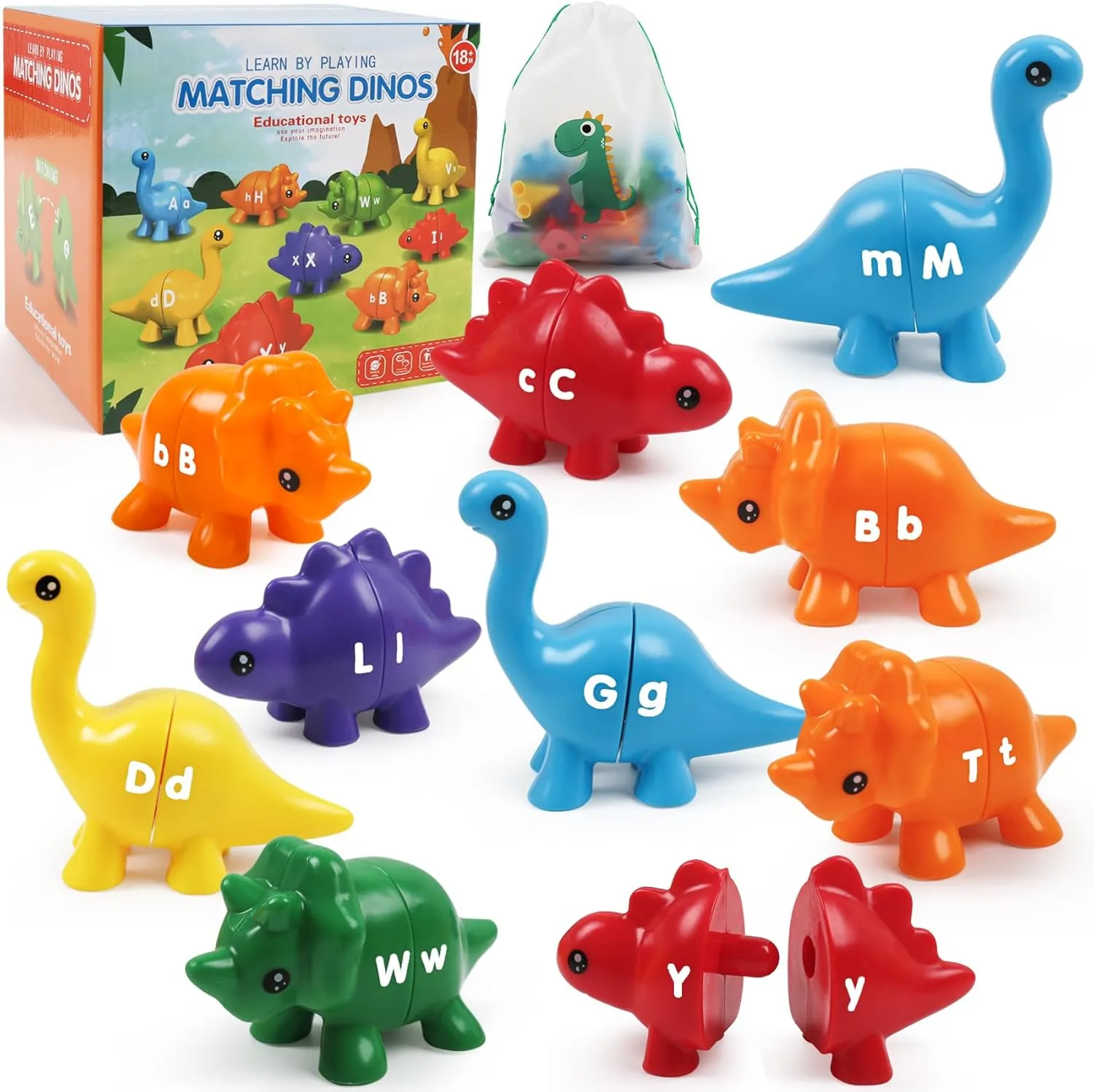 Alphabet Dinosaurs Matching Letters Toy, 26 PCS Double-Sided ABC Dinosaur with Uppercase Lowercase, Match and Snap Fine Motor Game Preschool Learning Toys Gifts for Kids Back to School Goodies