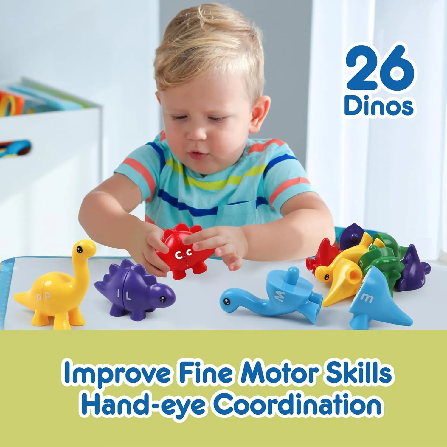 Alphabet Dinosaurs Matching Letters Toy, 26 PCS Double-Sided ABC Dinosaur with Uppercase Lowercase, Match and Snap Fine Motor Game Preschool Learning Toys Gifts for Kids Back to School Goodies