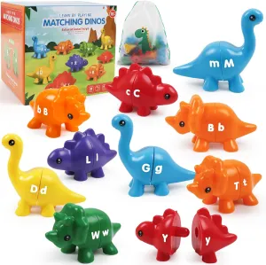 Alphabet Dinosaurs Matching Letters Toy, 26 PCS Double-Sided ABC Dinosaur with Uppercase Lowercase, Match and Snap Fine Motor Game Preschool Learning Toys Gifts for Kids Back to School Goodies