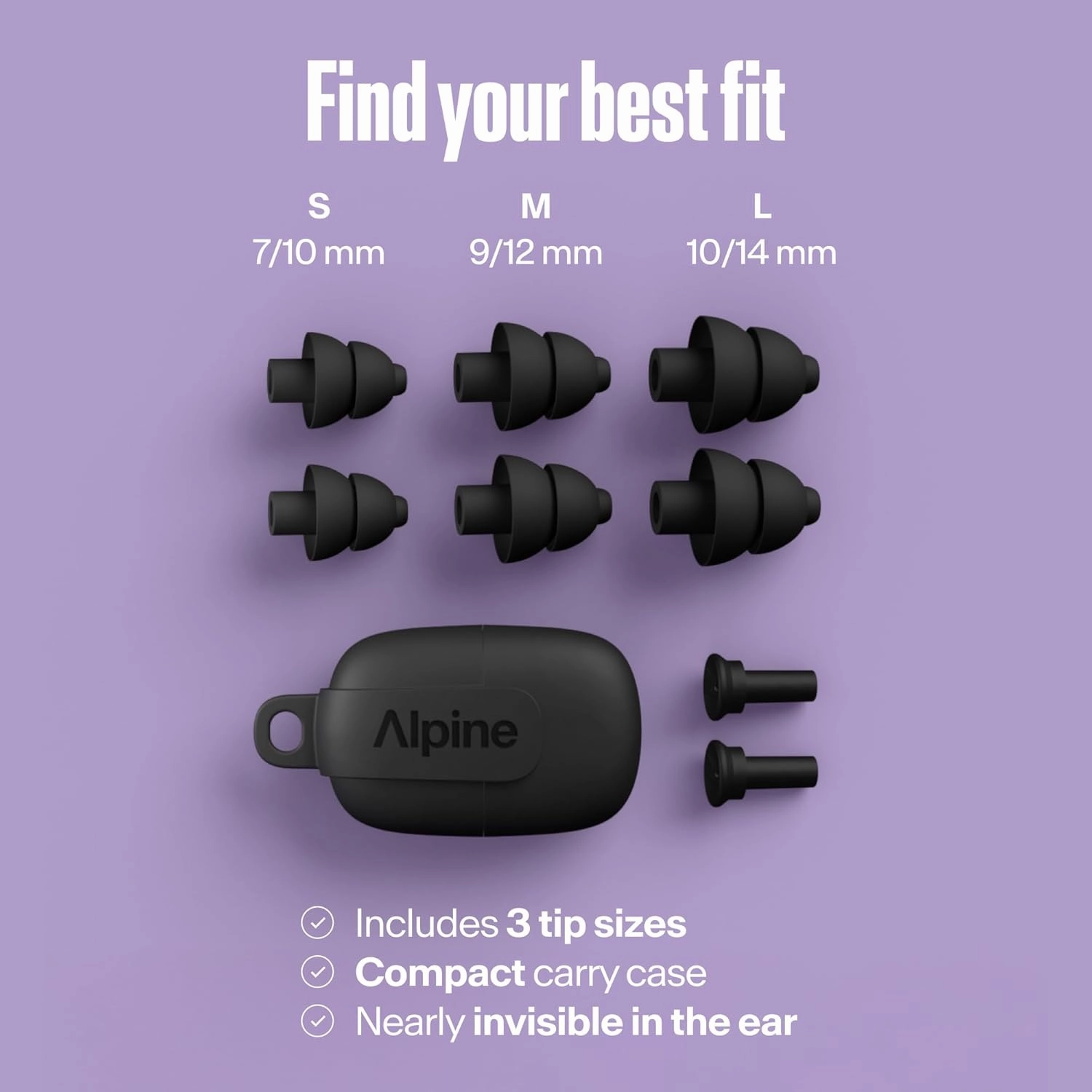 Alpine PartyPlug Concert Ear Plugs with 19dB Noise Reduction - Reusable Hearing Protection for Music Festivals, Raves & Live Events, Clear Sound Quality, Incl. 3 Tip Sizes (S/M/L), Black