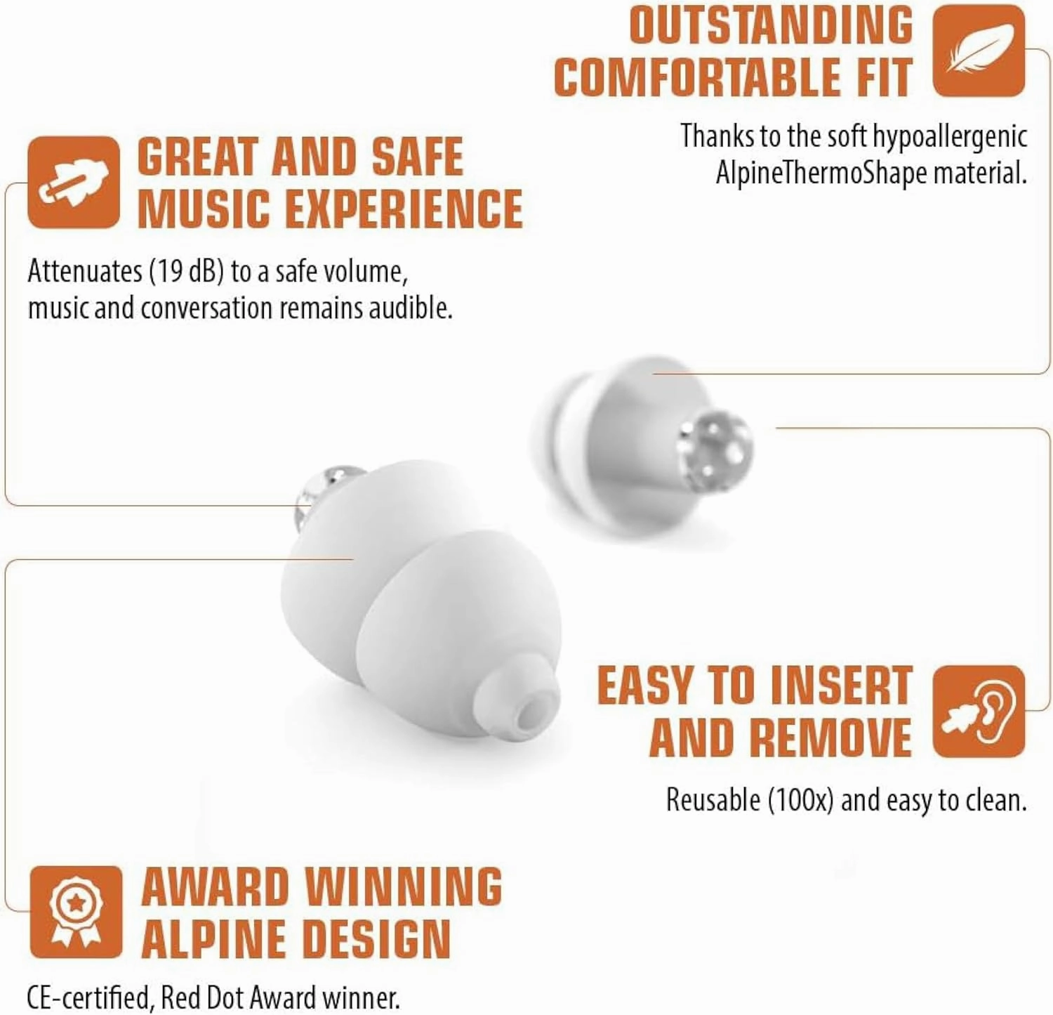 Alpine PartyPlug Ear Plugs for Concerts – Noise Cancelling Ear Plugs for Party and Clubbing – 21dB Premium Hearing Protection Against Loud Sound & Party Music – 1 Pair Reusable Earplugs (Transparent)