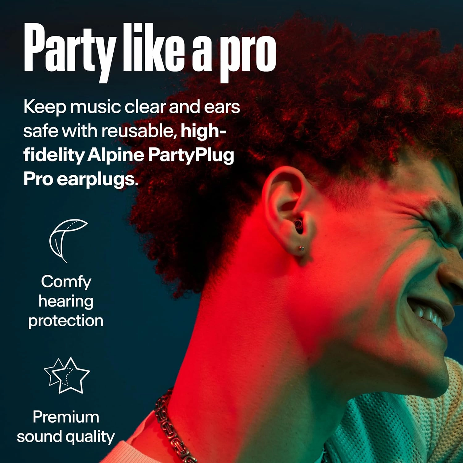 Alpine PartyPlug Pro Concert Ear Plugs, High Fidelity Professional Musician Earplugs with 21dB Noise Reduction, Hearing Protection for Music Festivals, Raves & Live Events, Incl. 3 Tip Sizes, Black