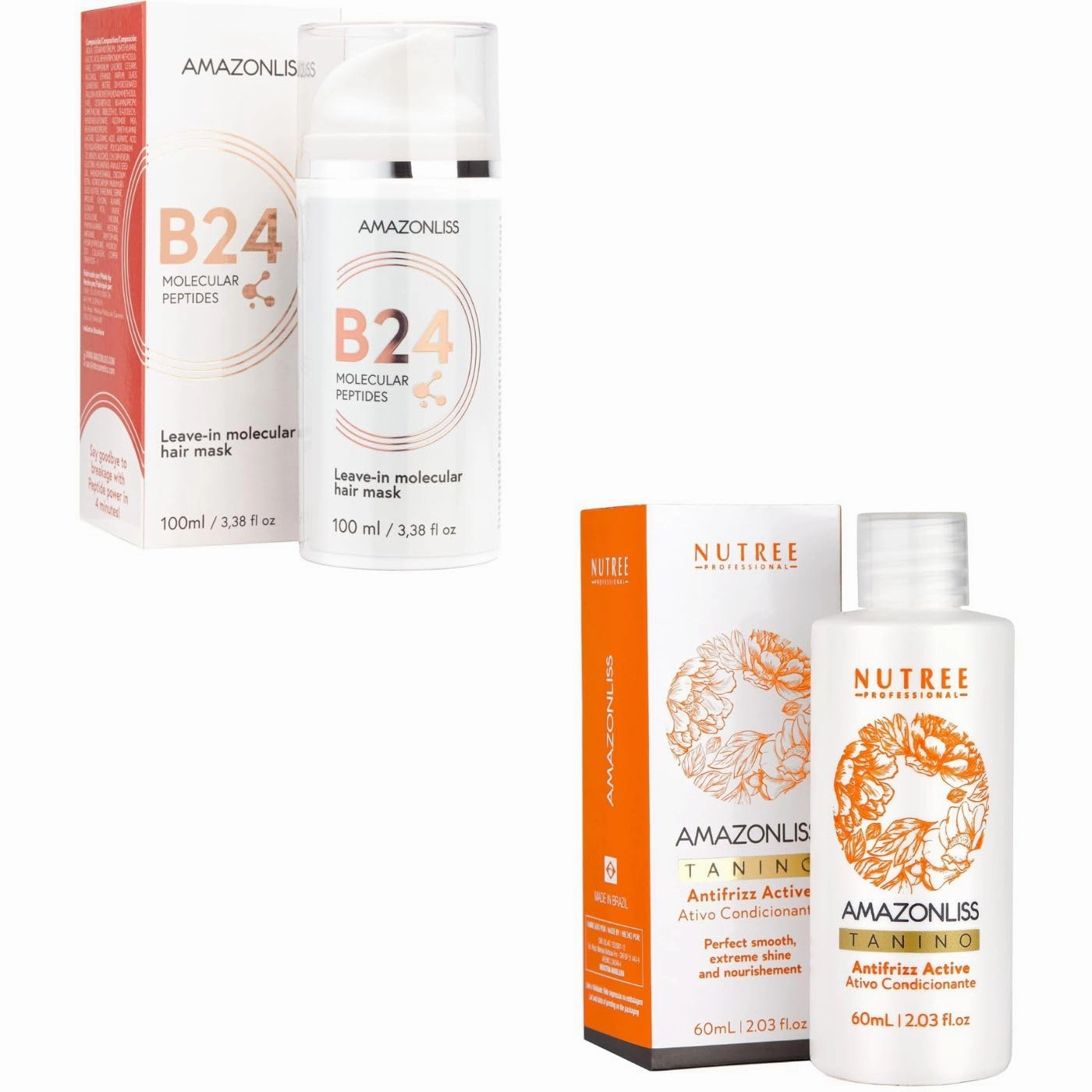 Amazonliss Hair Repair & Straightening Set – B24 Peptides 4-Min Leave-In Hair Mask (3.38 fl oz)   Brazilian Tanino Smoothing Treatment (2.03 fl oz) – Shine Boost & Heat Damage Repair